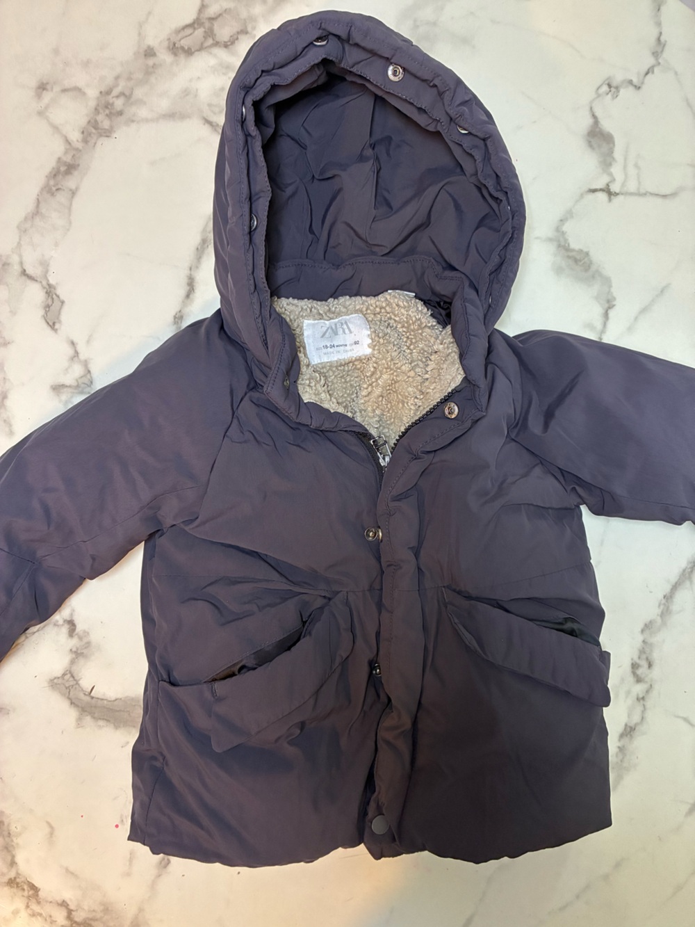 Zara Kids Puffer Jacket in Dark Gray Blue with Sherpa Lining
